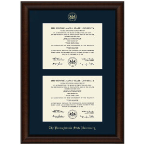 Double Diploma Frame Lenox, Walnut Finish, Gold Embossed Seal The Pennsylvania State University, Navy Mat